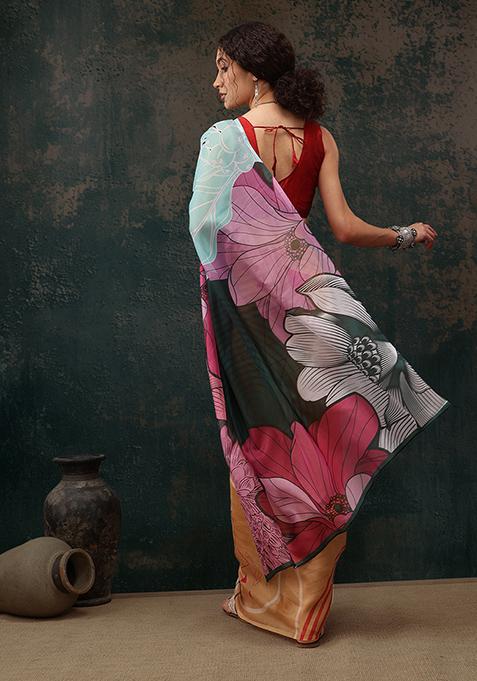 Yellow Floral Digital Print Polyester Saree Set