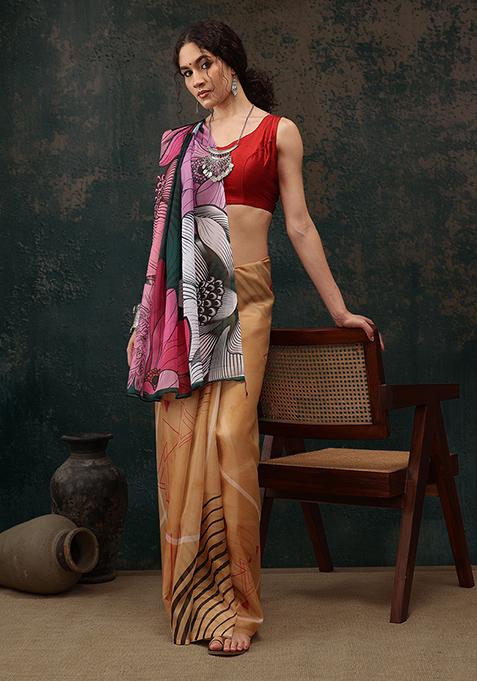 Yellow Floral Digital Print Polyester Saree Set