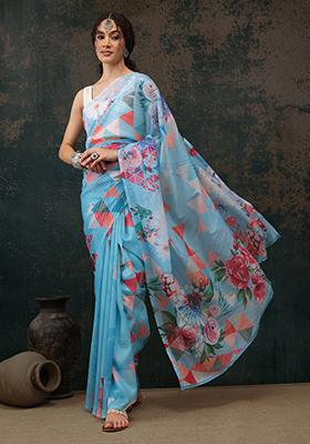 Blue Floral Digital Print Polyester Saree Set