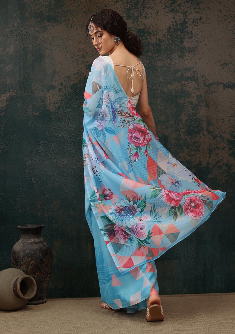 Blue Floral Digital Print Polyester Saree Set