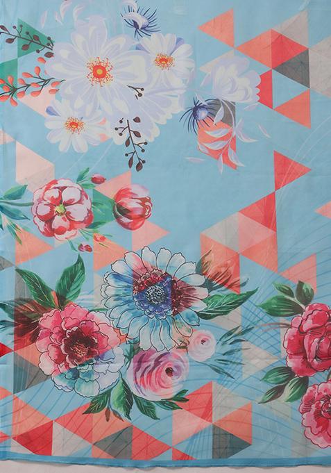 Blue Floral Digital Print Polyester Saree Set