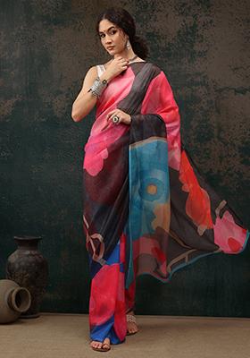 Multicolor Printed Polyester Saree Set