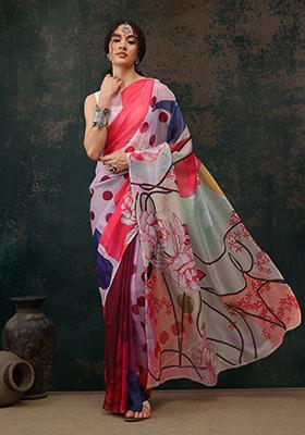 Multicolor Paisley Print Polyester Saree Set