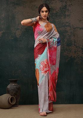 Multicolour Paisley Print Polyester Saree Set