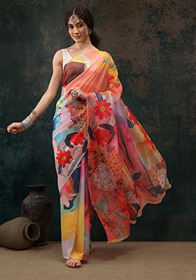 Multicolour Digital Print Polyester Saree Set