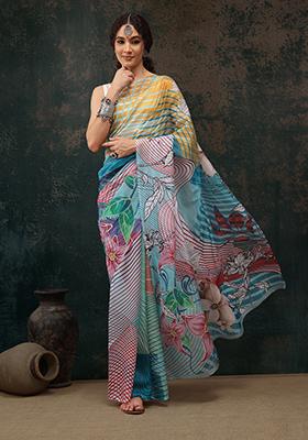 Multicolour Abstract Digital Print Polyester Saree Set