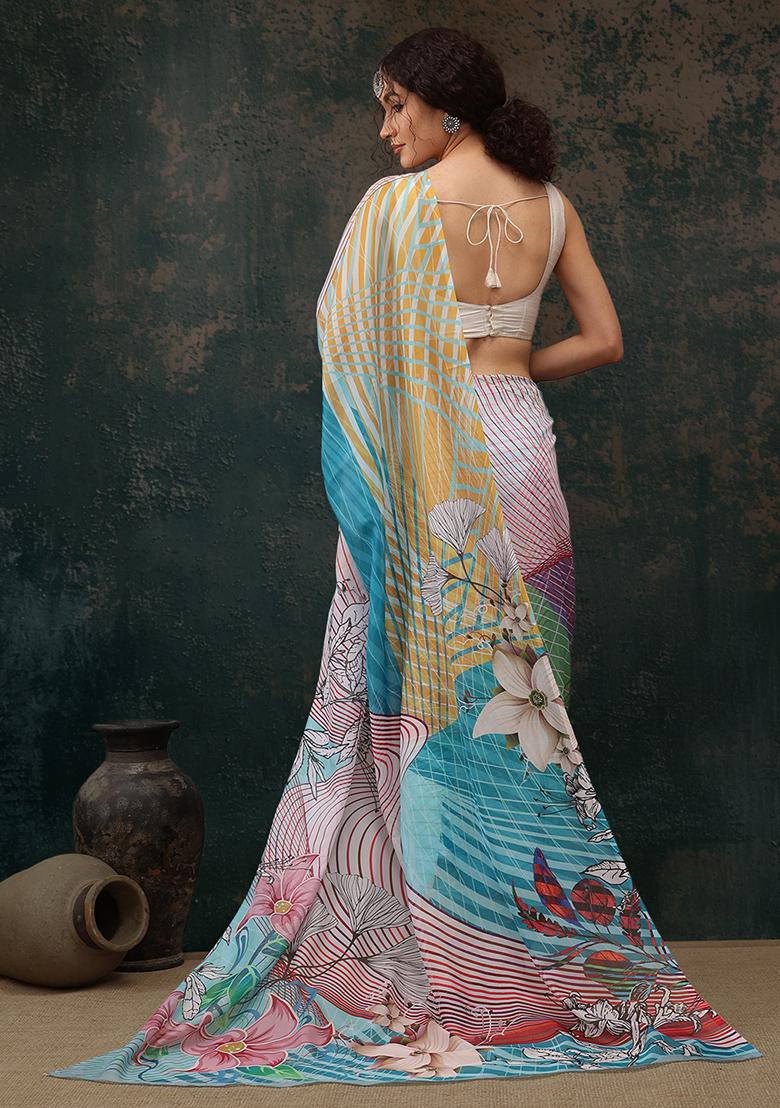 Multicolour Abstract Digital Print Polyester Saree Set