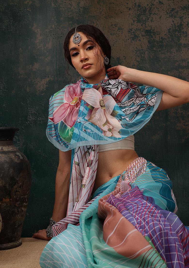 Multicolour Abstract Digital Print Polyester Saree Set