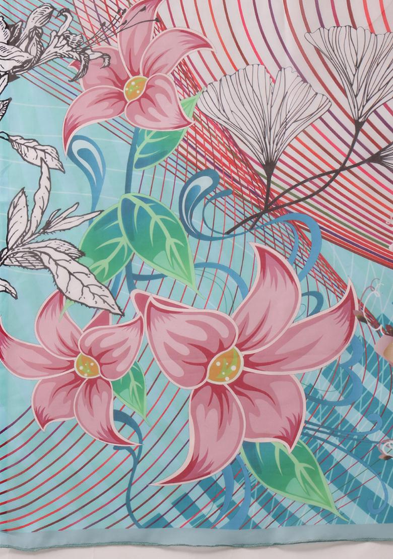 Multicolour Abstract Digital Print Polyester Saree Set