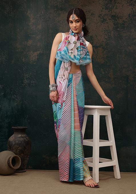 Multicolour Abstract Digital Print Polyester Saree Set