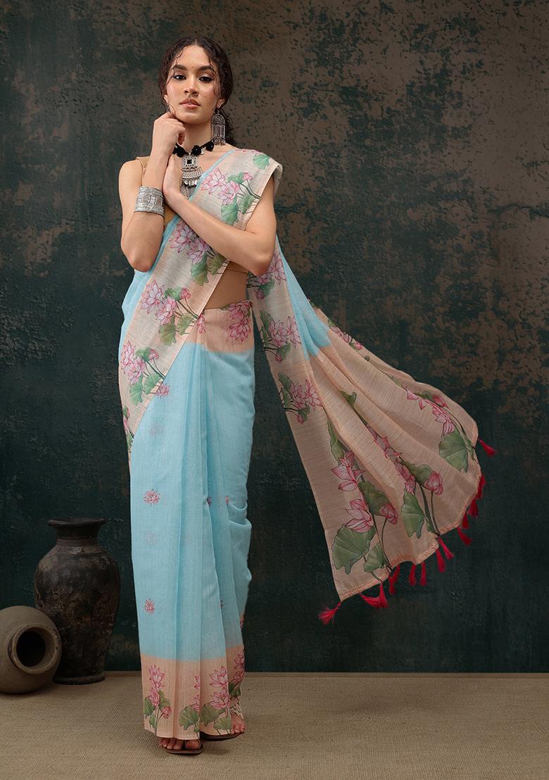 Blue Kalamkari Digital Print Cotton Blend Saree Set