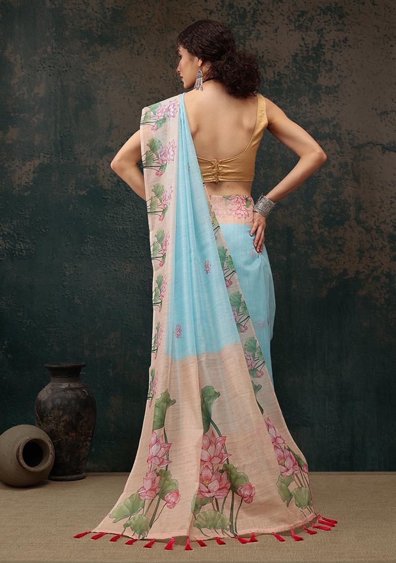 Blue Kalamkari Digital Print Cotton Blend Saree Set