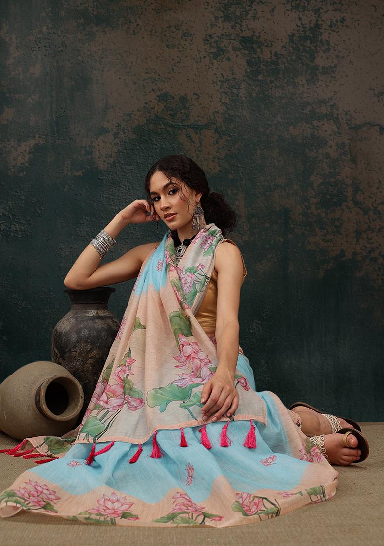 Blue Kalamkari Digital Print Cotton Blend Saree Set