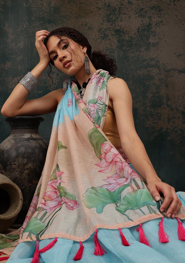 Blue Kalamkari Digital Print Cotton Blend Saree Set