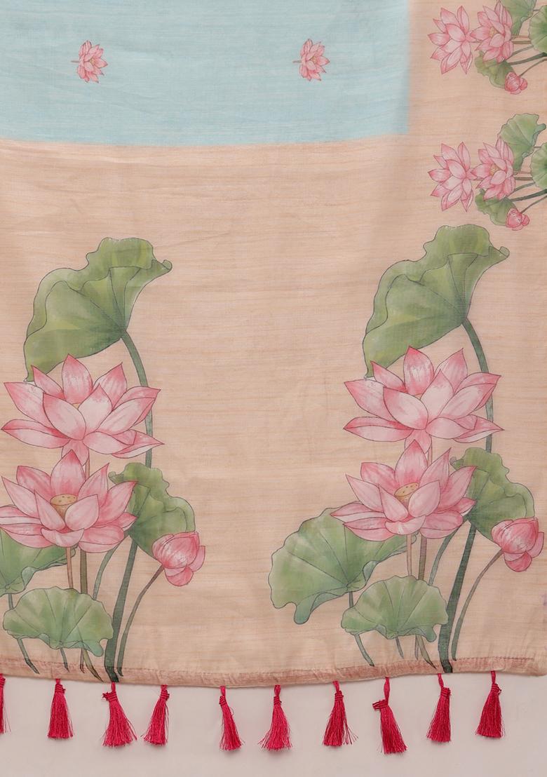 Blue Kalamkari Digital Print Cotton Blend Saree Set