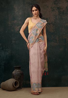 Lavender Kalamkari Digital Print Cotton Blend Saree Set