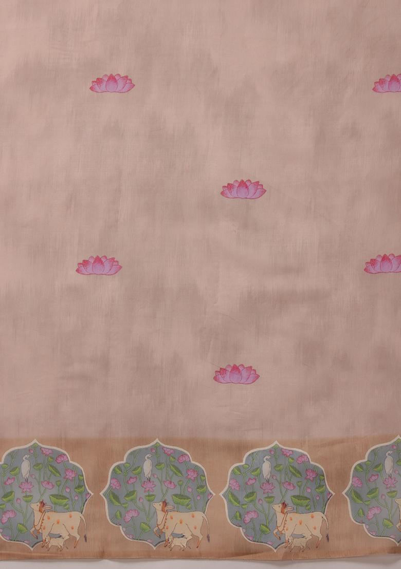 Lavender Kalamkari Digital Print Cotton Blend Saree Set - Indya