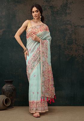 Turquoise Kalamkari Digital Print Cotton Blend Saree Set