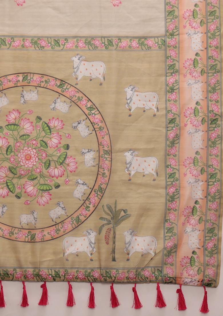 Light Green Kalamkari Digital Print Cotton Blend Saree Set