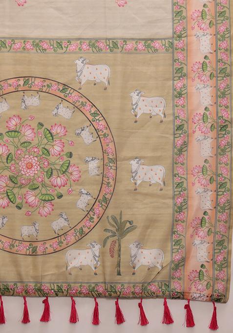 Light Green Kalamkari Digital Print Cotton Blend Saree Set