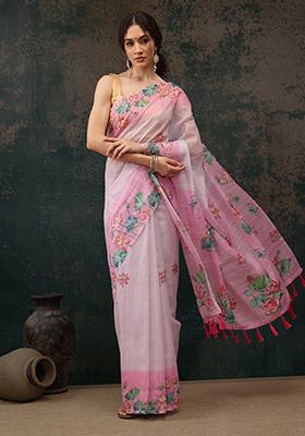 Light Pink Kalamkari Digital Print Cotton Blend Saree Set