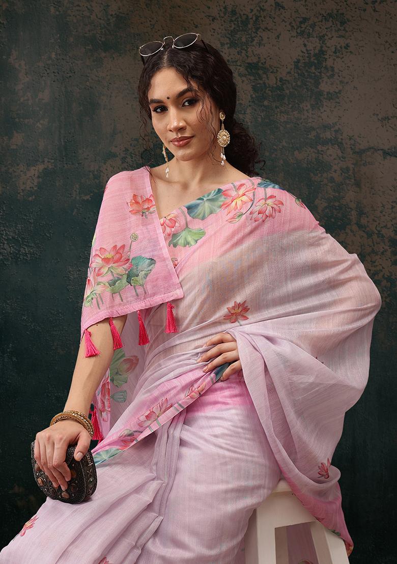 Light Pink Kalamkari Digital Print Cotton Blend Saree Set
