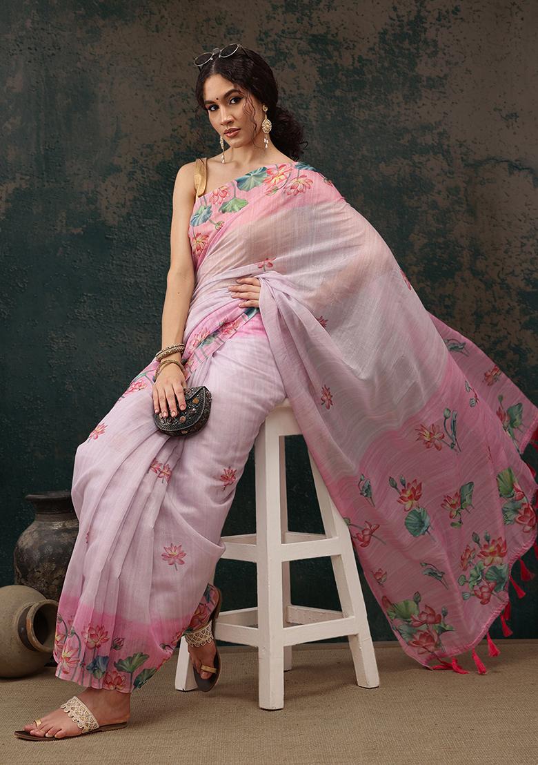 Light Pink Kalamkari Digital Print Cotton Blend Saree Set