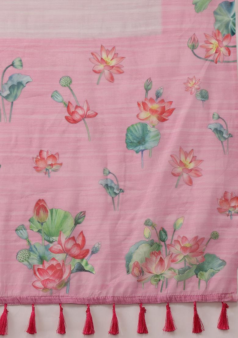 Light Pink Kalamkari Digital Print Cotton Blend Saree Set