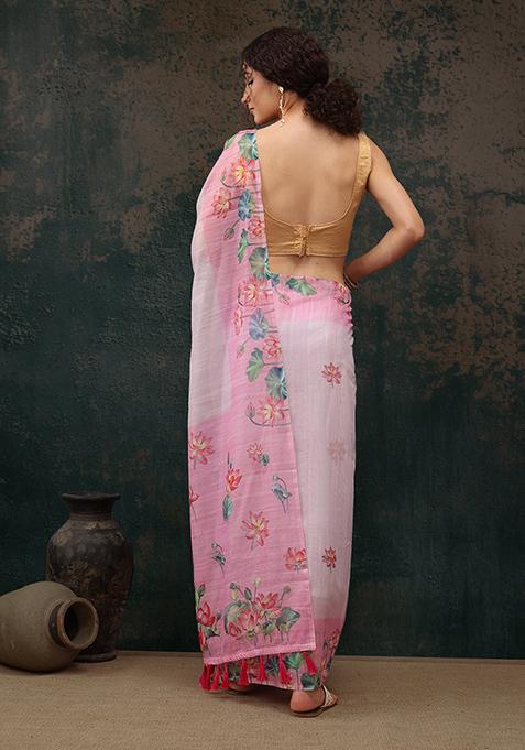 Light Pink Kalamkari Digital Print Cotton Blend Saree Set