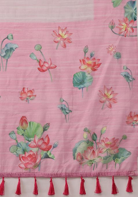 Light Pink Kalamkari Digital Print Cotton Blend Saree Set