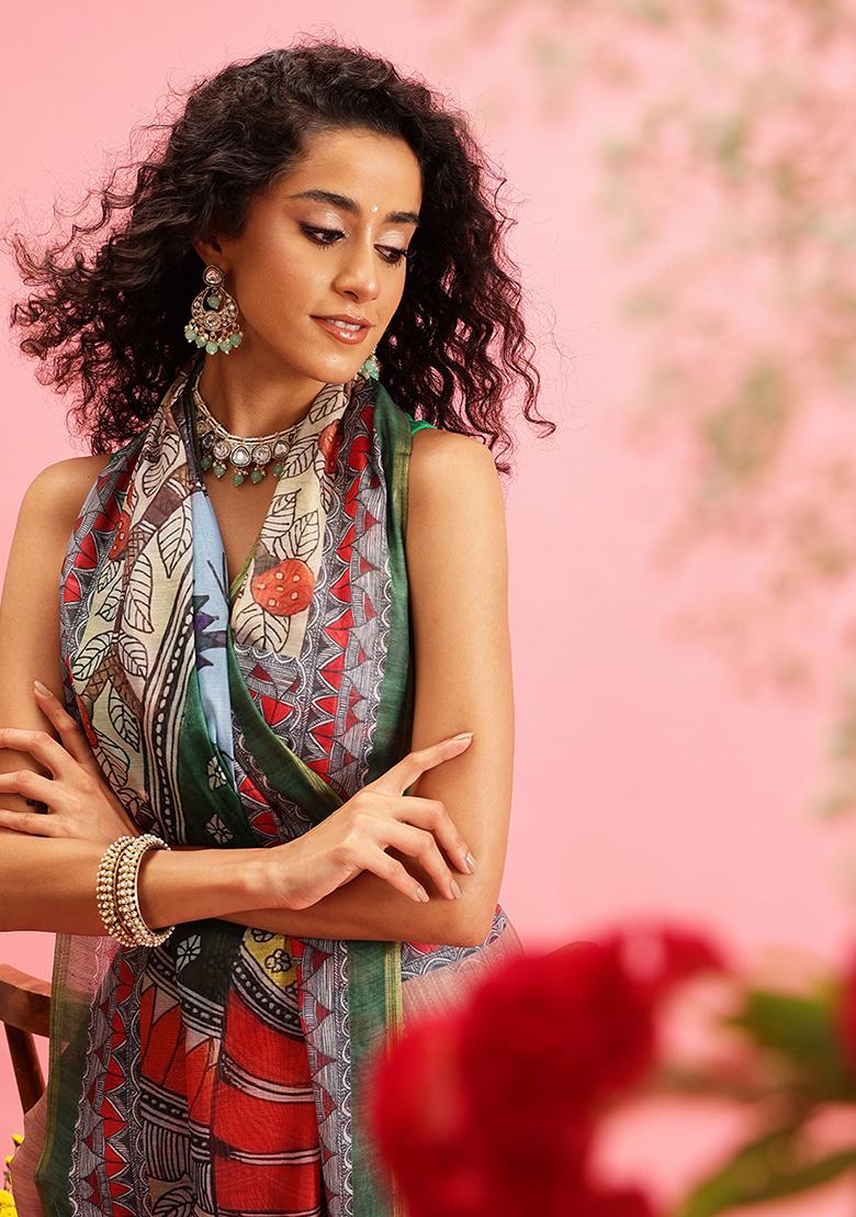 Peach Kalamkari Digital Print Cotton Blend Saree Set