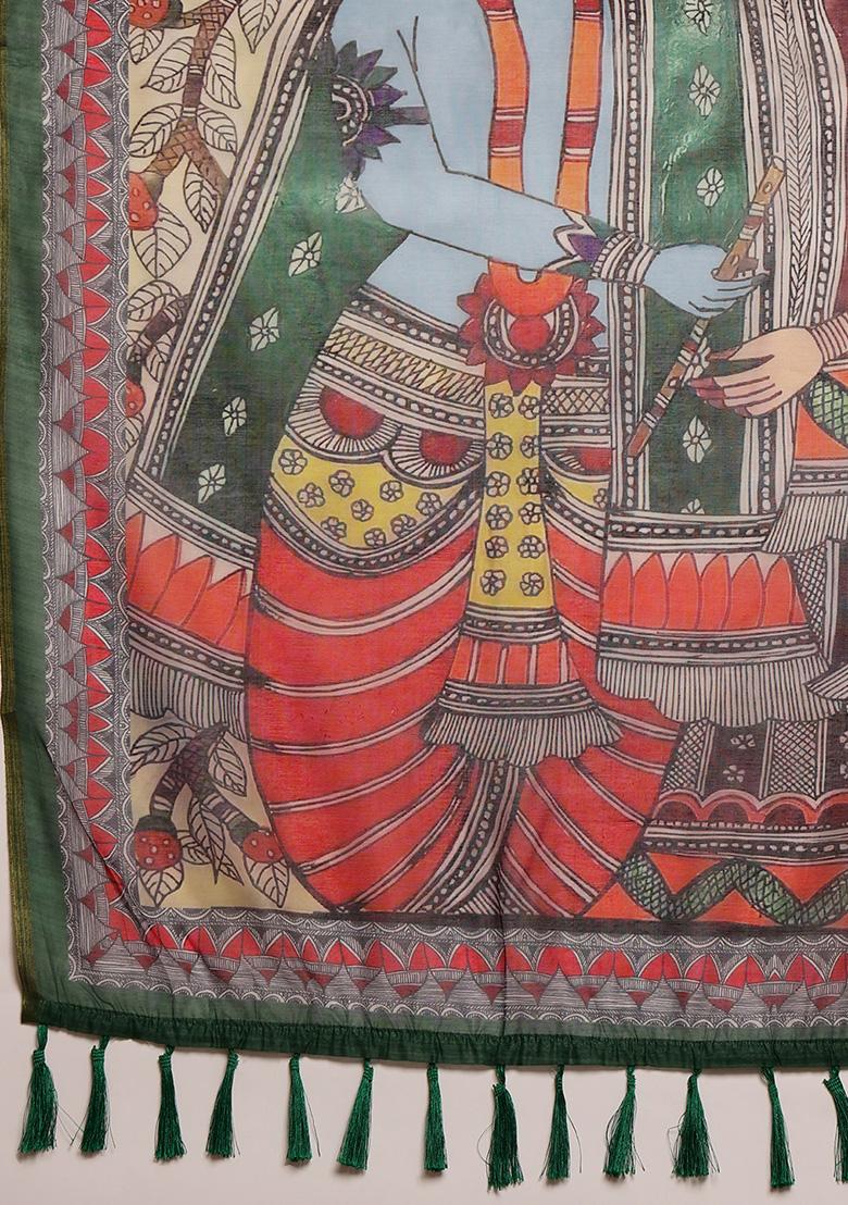 Peach Kalamkari Digital Print Cotton Blend Saree Set