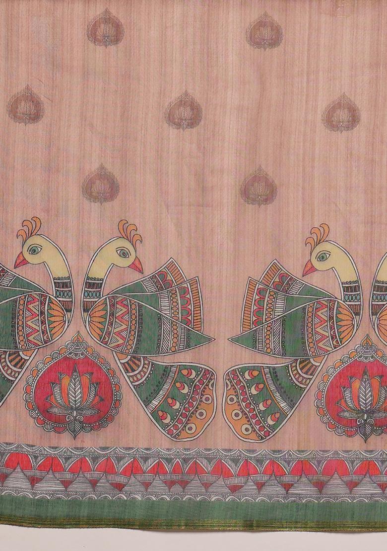 Peach Kalamkari Digital Print Cotton Blend Saree Set