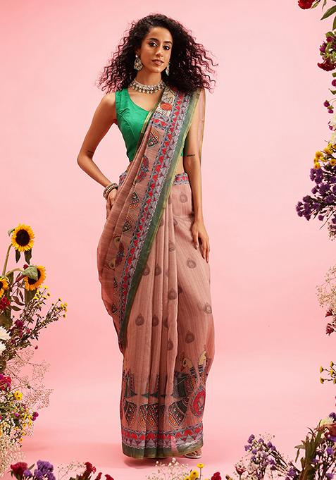 Peach Kalamkari Digital Print Cotton Blend Saree Set