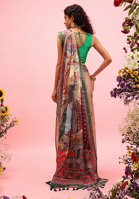 Peach Kalamkari Digital Print Cotton Blend Saree Set