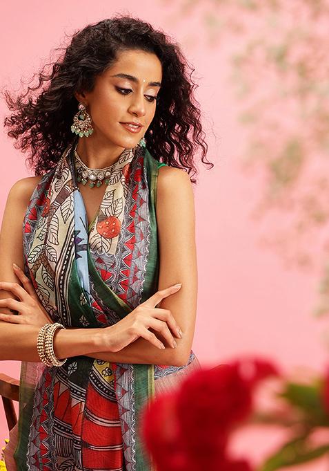 Peach Kalamkari Digital Print Cotton Blend Saree Set