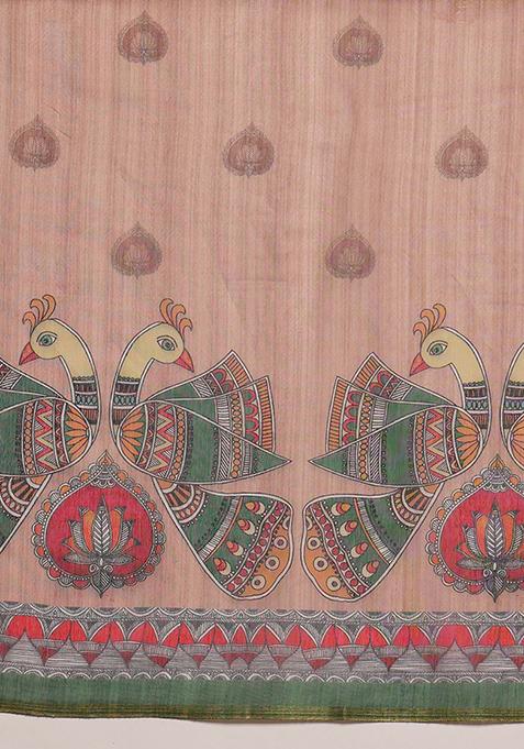 Peach Kalamkari Digital Print Cotton Blend Saree Set