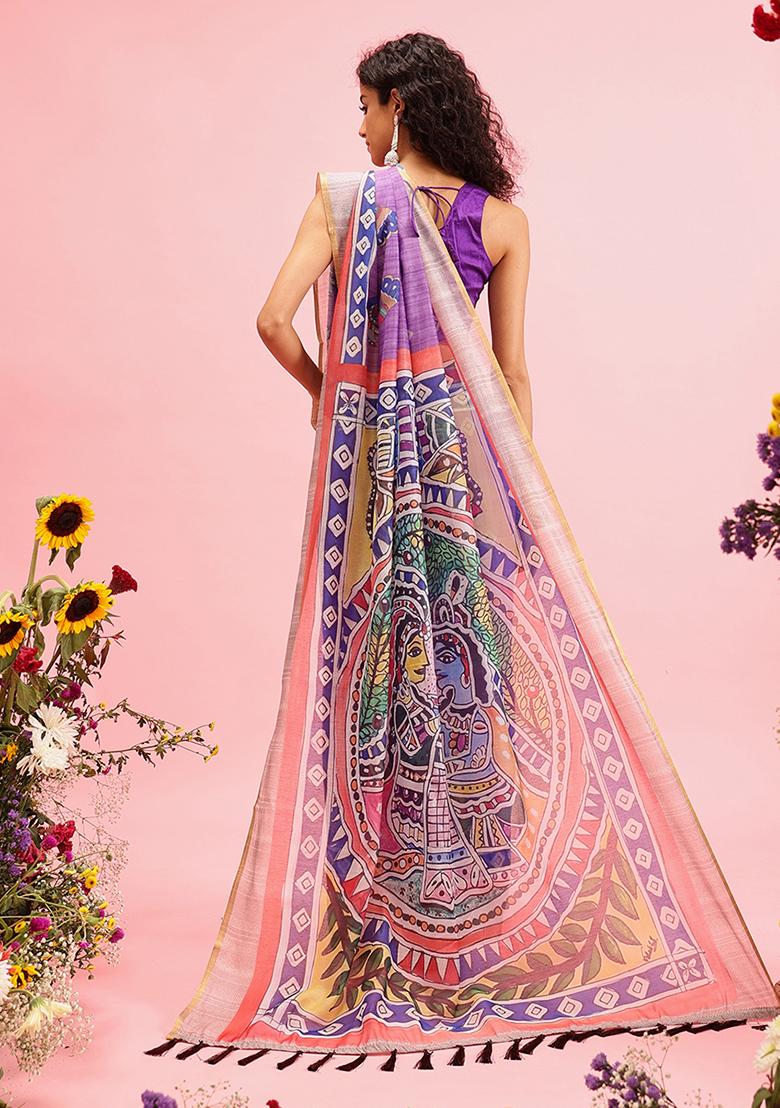 Purple Kalamkari Digital Print Cotton Blend Saree Set
