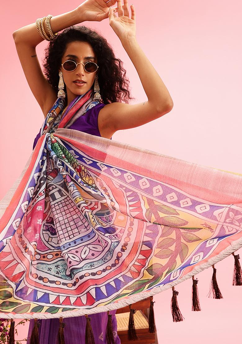 Purple Kalamkari Digital Print Cotton Blend Saree Set