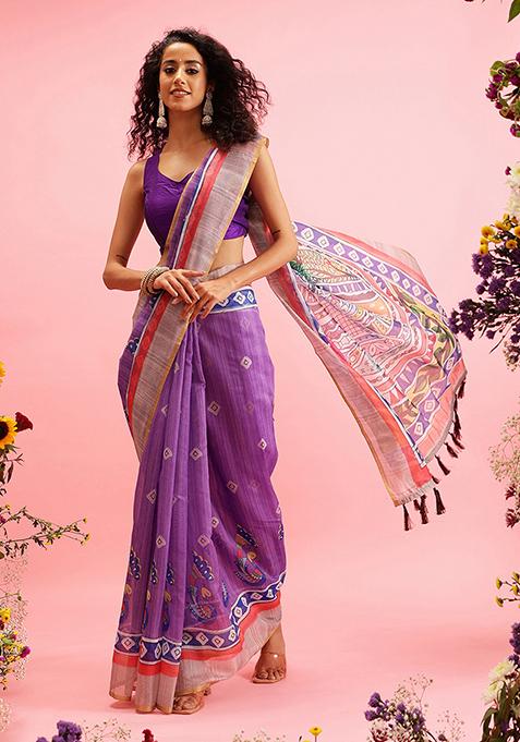 Purple Kalamkari Digital Print Cotton Blend Saree Set