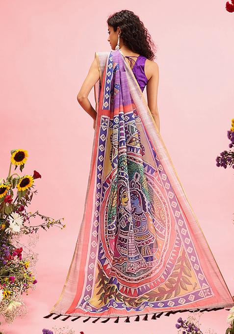 Purple Kalamkari Digital Print Cotton Blend Saree Set