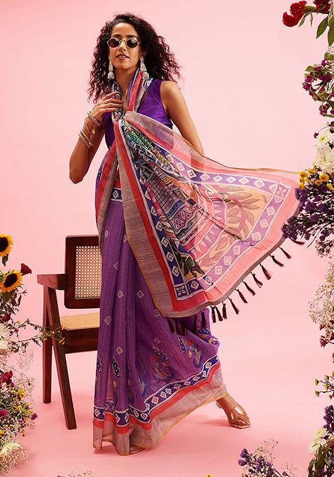 Purple Kalamkari Digital Print Cotton Blend Saree Set