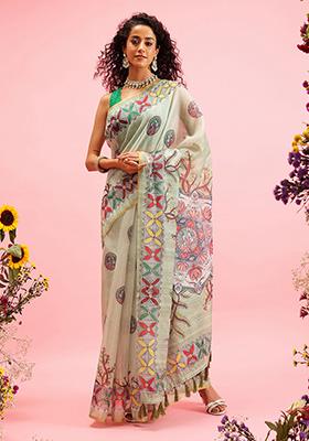 Green Kalamkari Digital Print Cotton Blend Saree Set