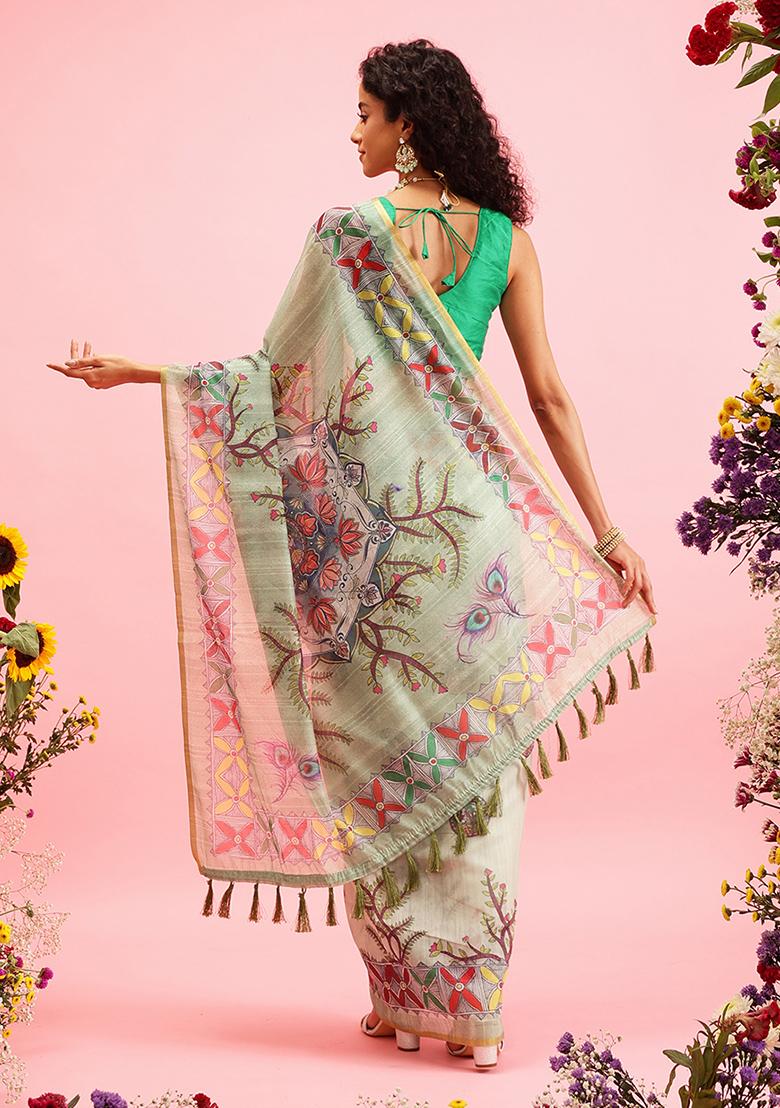 Green Kalamkari Digital Print Cotton Blend Saree Set