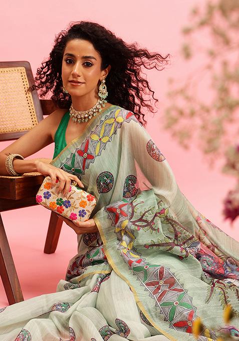 Green Kalamkari Digital Print Cotton Blend Saree Set