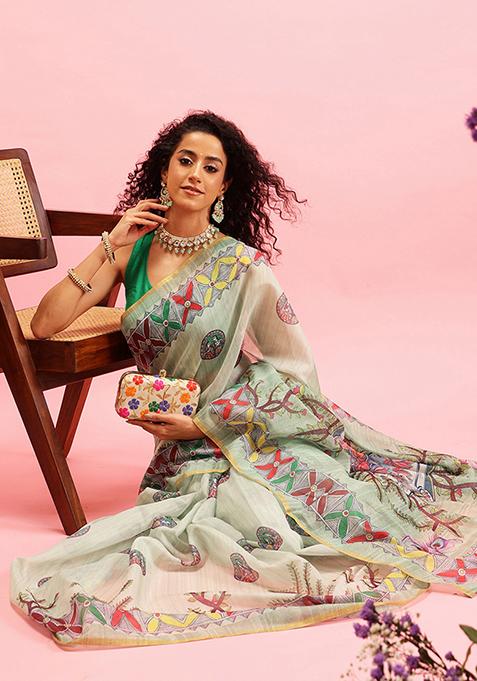 Green Kalamkari Digital Print Cotton Blend Saree Set