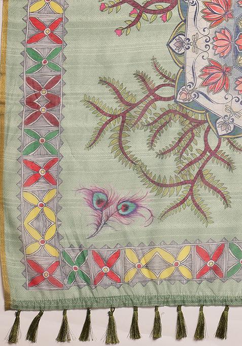 Green Kalamkari Digital Print Cotton Blend Saree Set