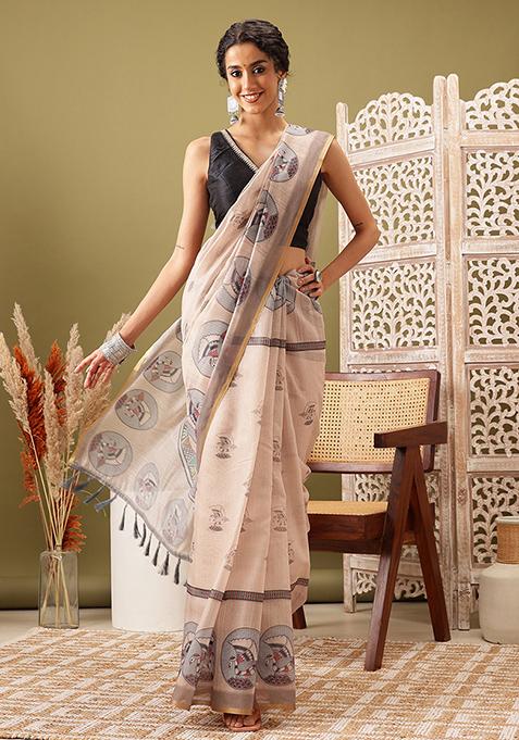 Beige Kalamkari Print Cotton Blend Saree Set