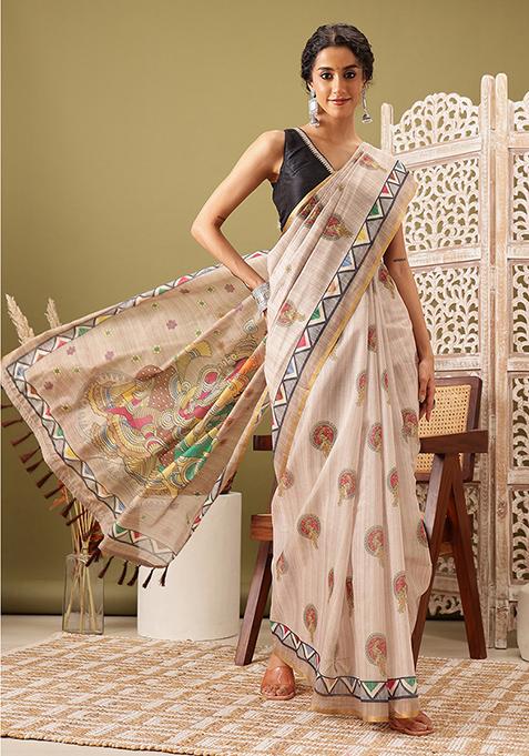 Beige Madhubani Print Cotton Blend Saree Set