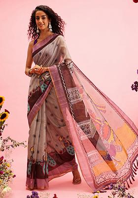 Grey Madhubani Print Cotton Blend Saree Set